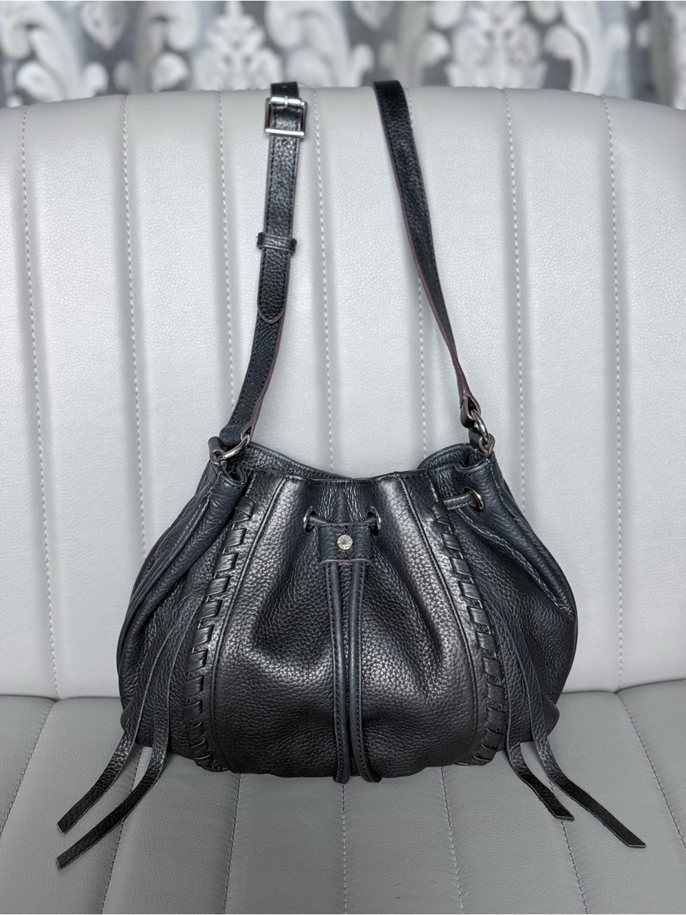 Aimee Kestenberg Black Pebbled Leather Drawstring Crossbody